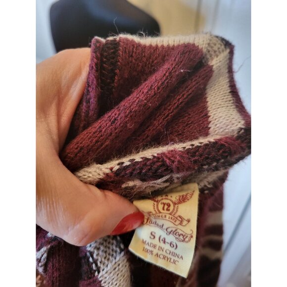 Burgundy/White Ribbed Striped Duster Hoodie Fringe Faded Glory 4/6 Boho Retro - Picture 6 of 6